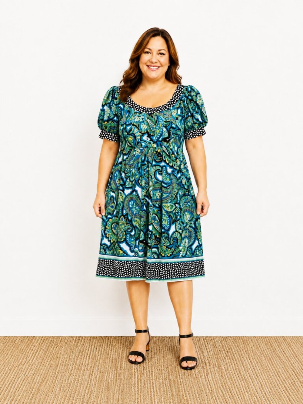 London Style Collection Blue & Green Paisley Dress, Short Puff Sleeves, Size 18W